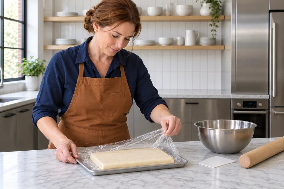 The cook unwraps one chilled rectangle of unlaminated Danish dough.
