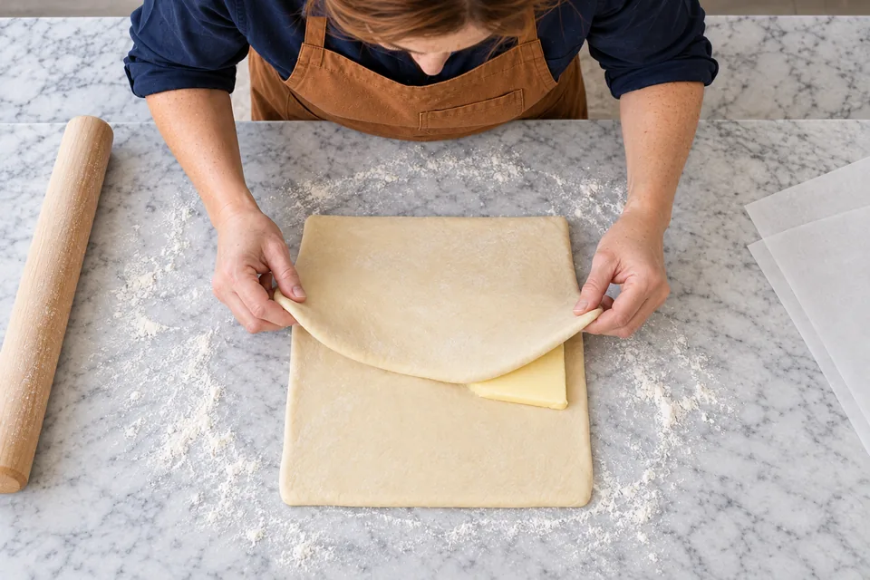 Hands fold one dough half over a single square of layering butter.