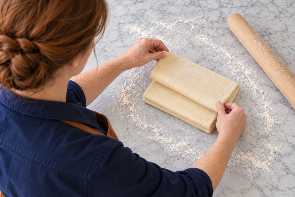 The cook completes a letter fold in one cool laminated dough packet.