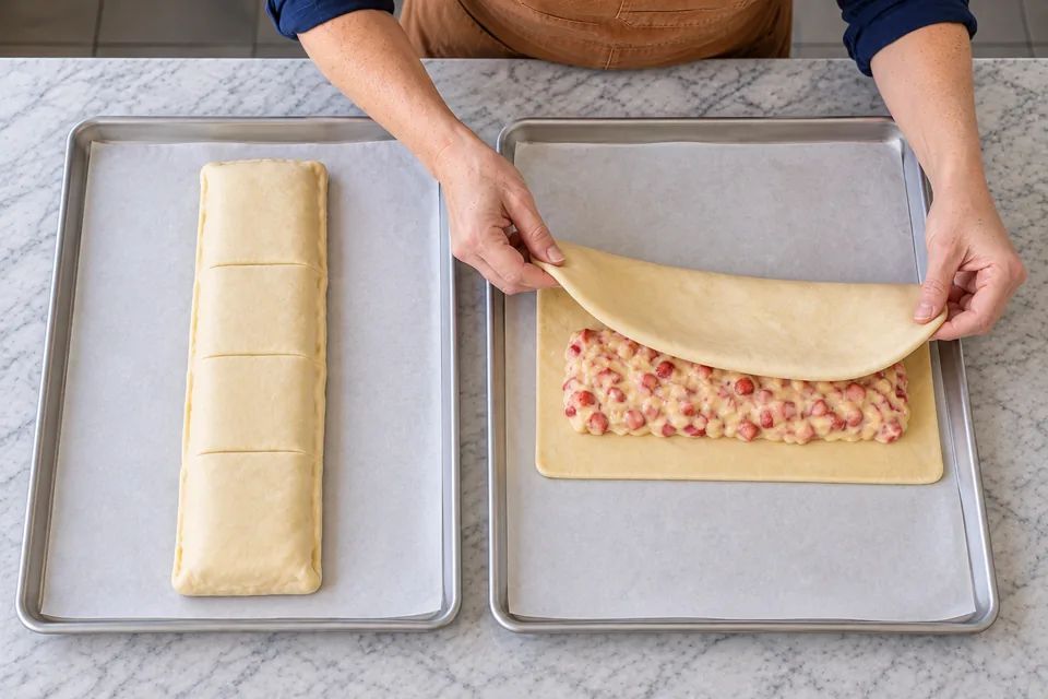 One sealed strip rests beside the second strawberry-custard rectangle being folded.