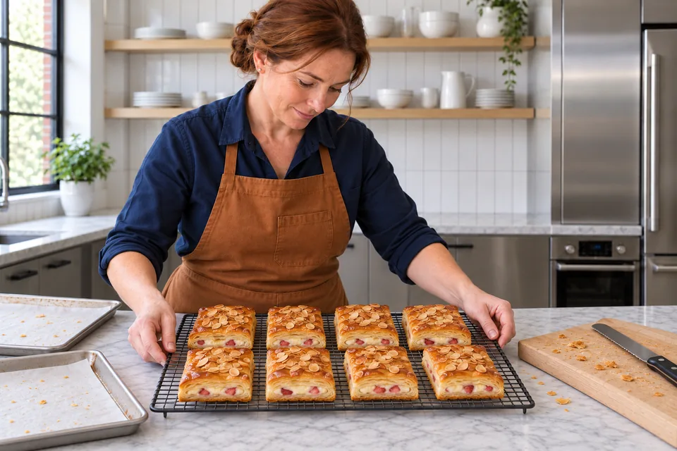 Eight cooled almond-topped Danish fingers show set strawberry-custard filling.
