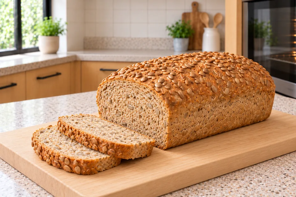 Two slices beside a shortened loaf show sunflower kernels inside the crumb.