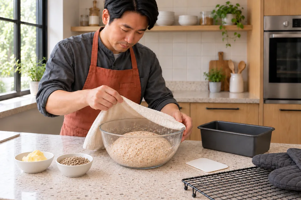 The cook uncovers a rough half-wholemeal dough beside butter and sunflower kernels.