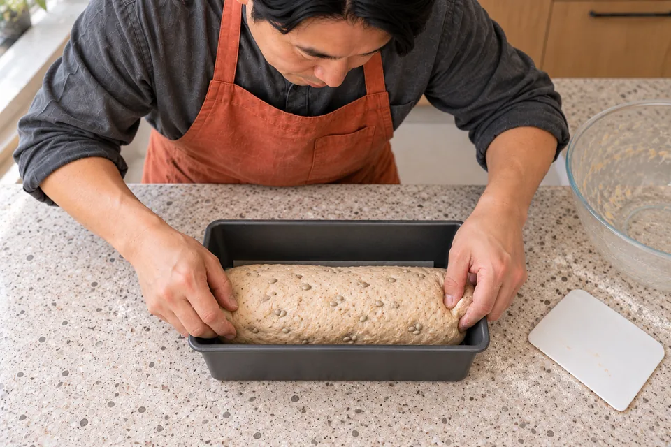 One seeded dough log sits seam-side down in a loaf tin.