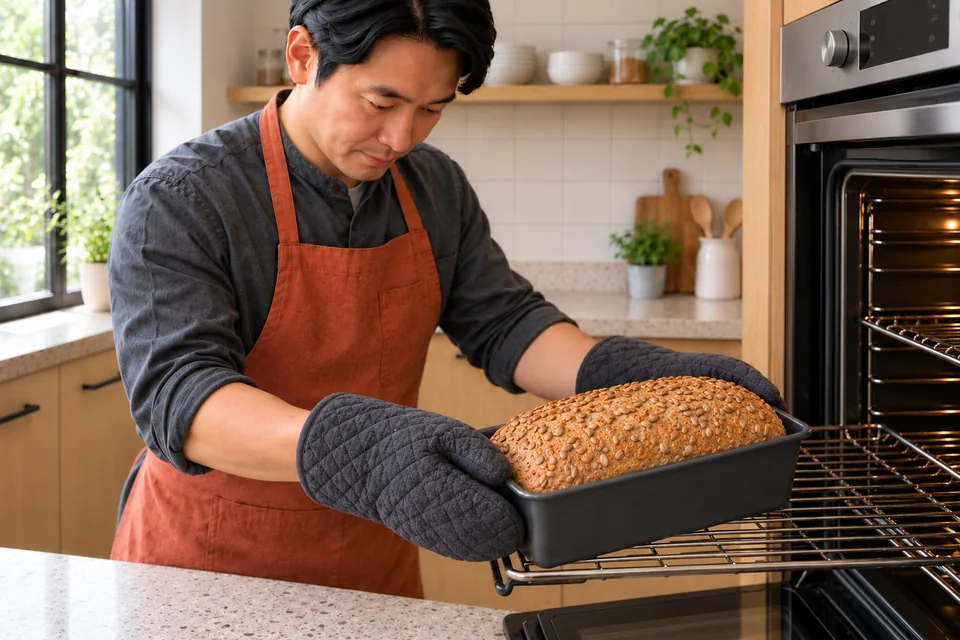 The cook supports a baked sunflower loaf in its tin.