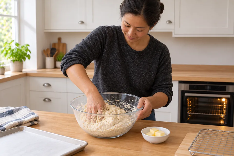 The cook brings the flour, water, sugar, salt and yeast together.