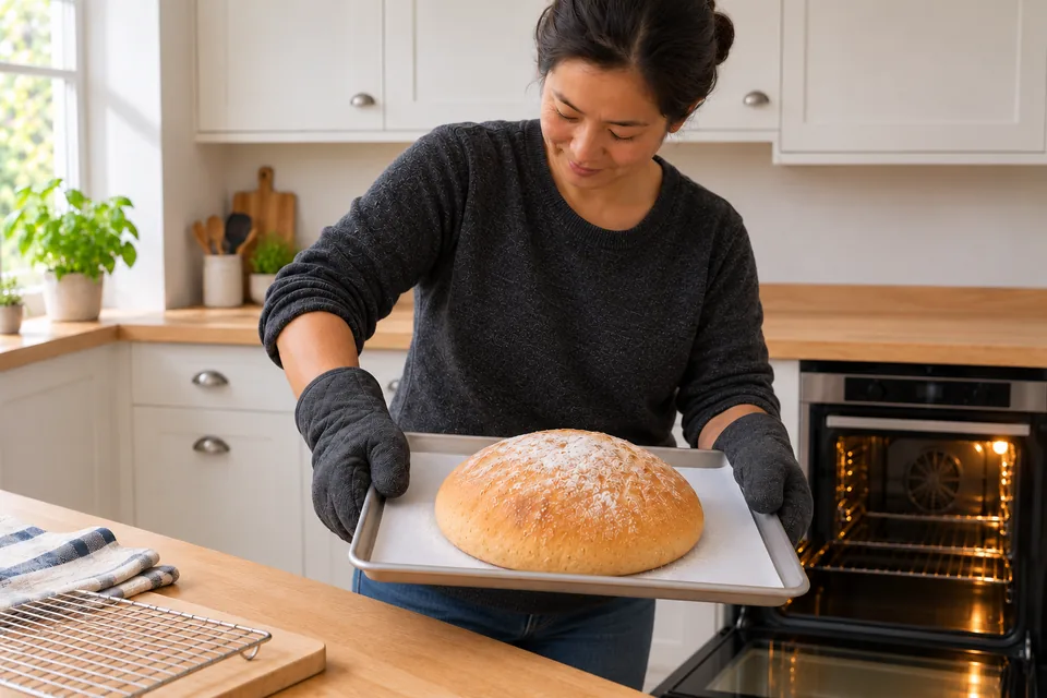 The cook supports a tray holding one golden round loaf.