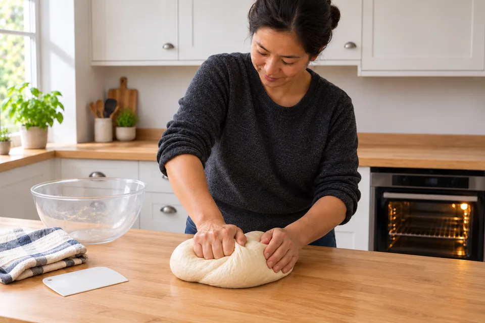 The cook kneads one smooth, plain bread dough on the oak worktop.