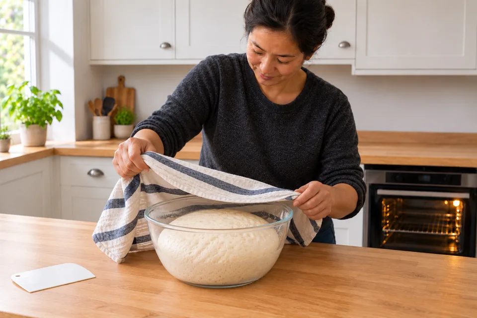 The cook lifts a striped cloth from an aerated mound of plain dough in a glass bowl.