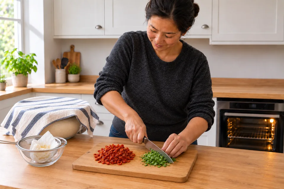 Small drained tomato pieces and chopped basil sit separately on a board while the dough remains covered.