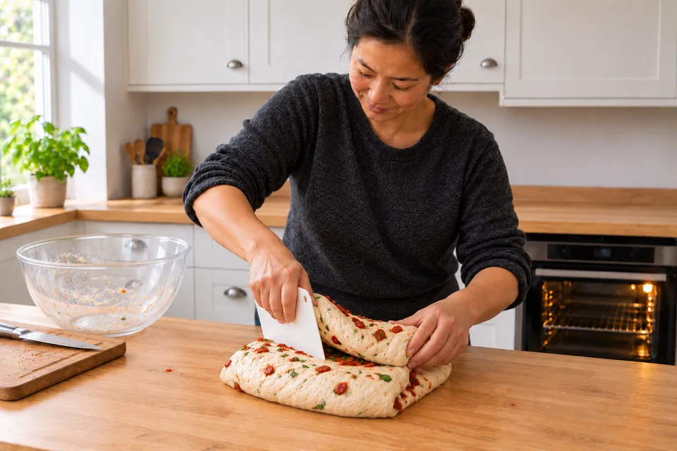 The cook folds the risen dough around the chopped tomatoes and basil.
