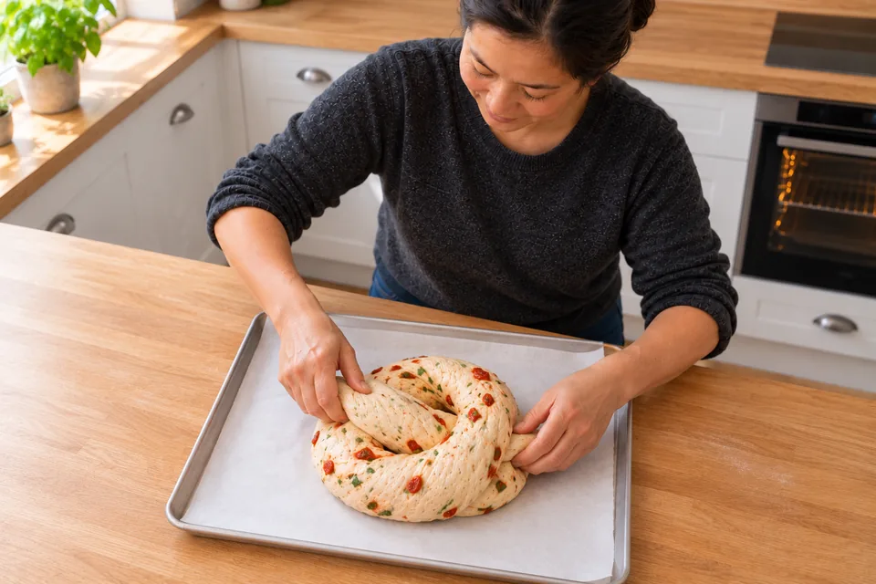 One shallow knot of tomato-and-basil dough rests on a paper-lined tray.