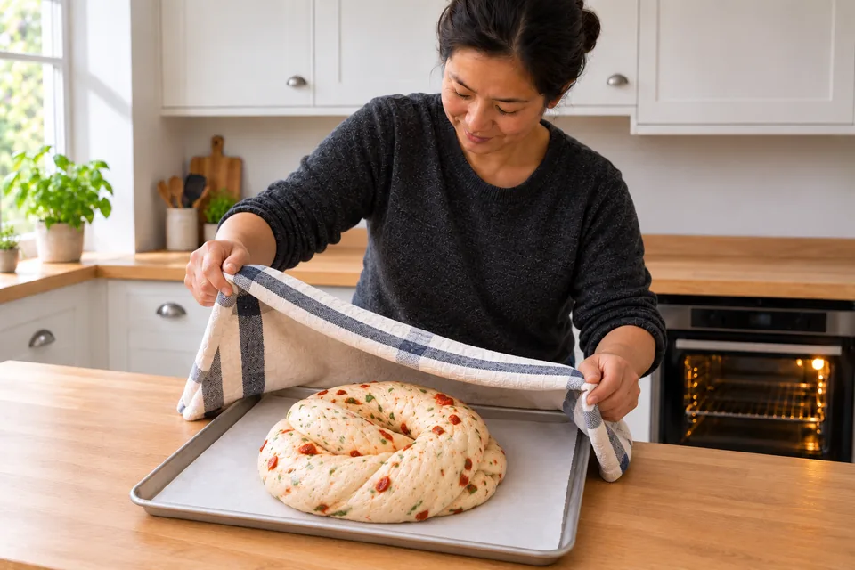 The cook uncovers the single puffy knot, with tomato pieces tucked into its surface.
