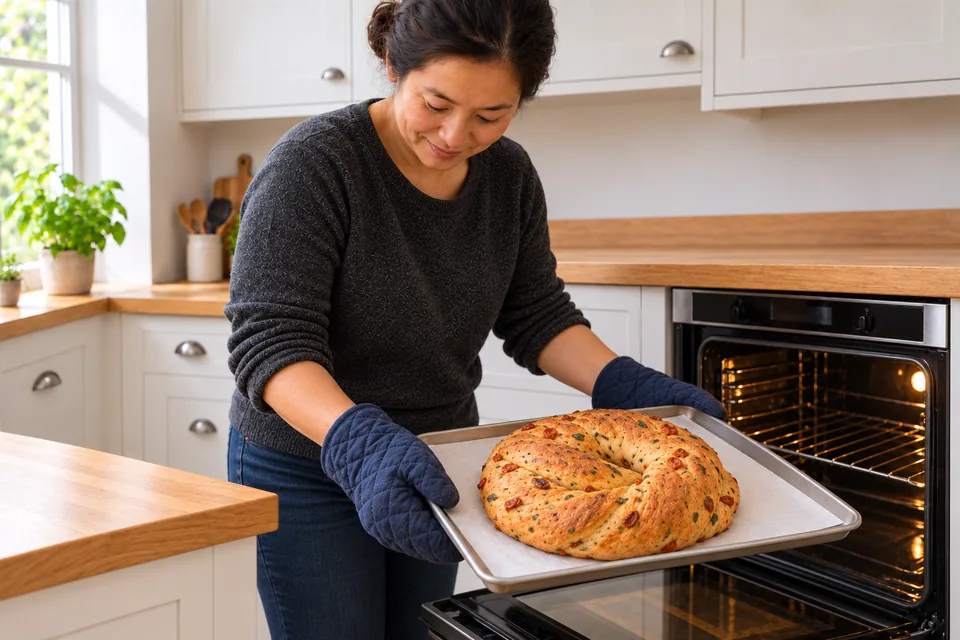 The cook removes the browned tomato-and-basil knot from the oven using two oven gloves.