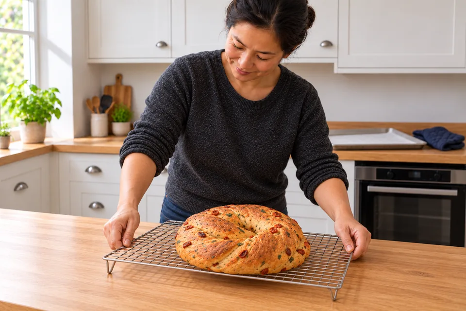 The whole baked knot rests without baking paper on a raised wire rack.