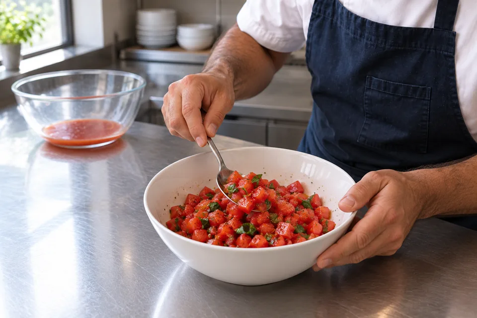 A spoon folding glossy tomato cubes and torn basil in a clean bowl.
