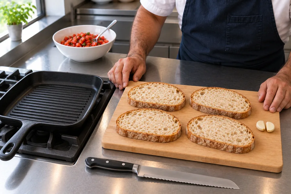 Four large rustic bread slices and halved garlic beside an empty dry griddle pan.