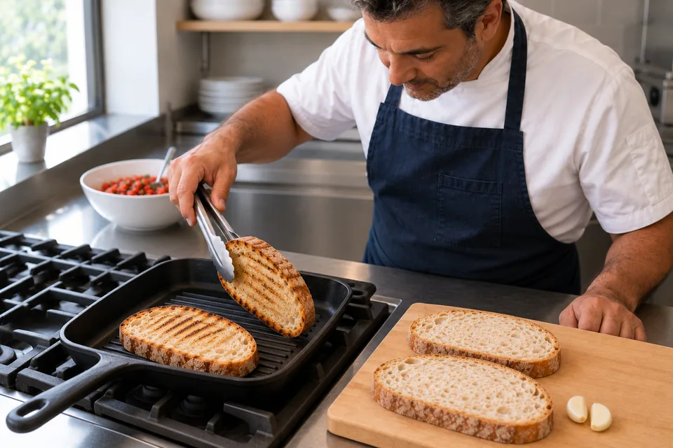 Tongs turning one of two bread slices in a griddle pan, with two slices waiting nearby.