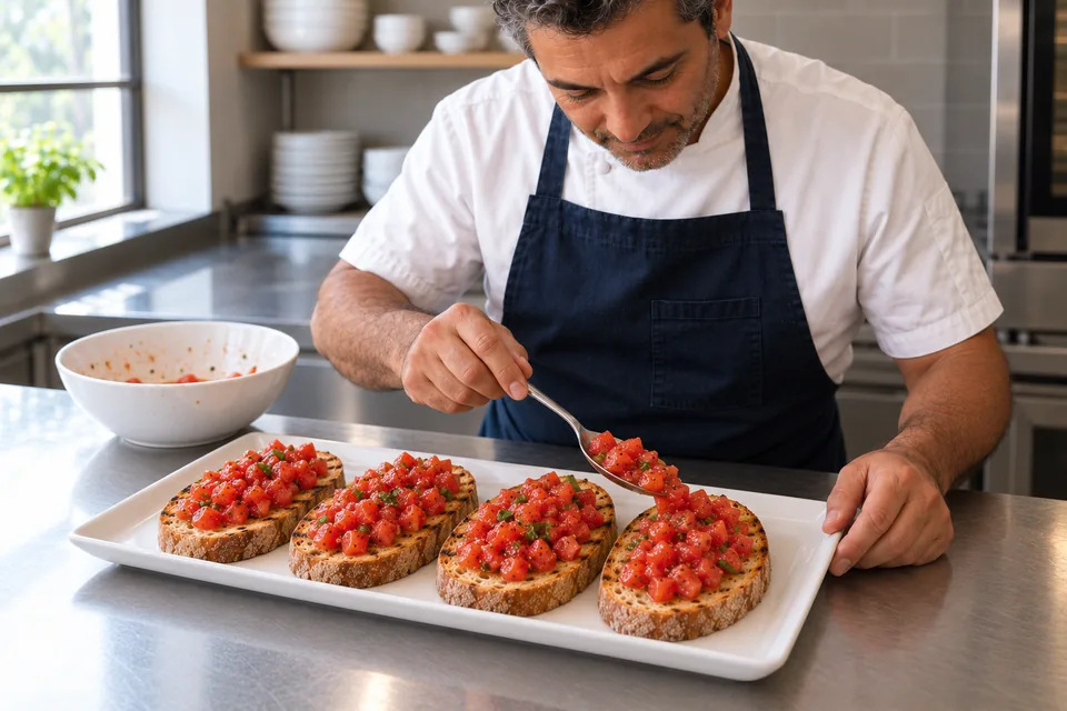 Four large tomato bruschetta slices on a white platter as the last is topped.