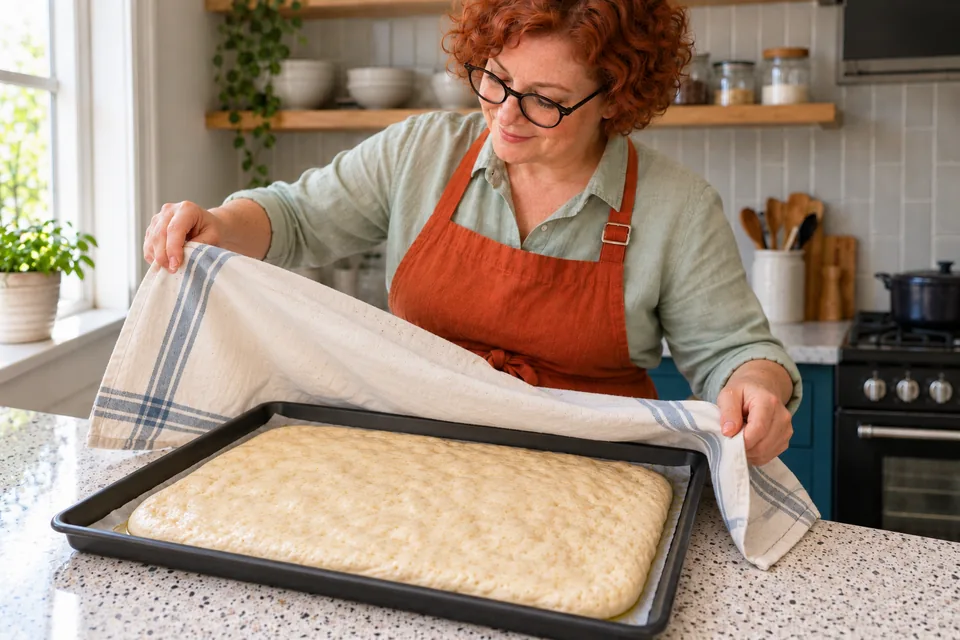 Plain focaccia dough is expanding under its cover.