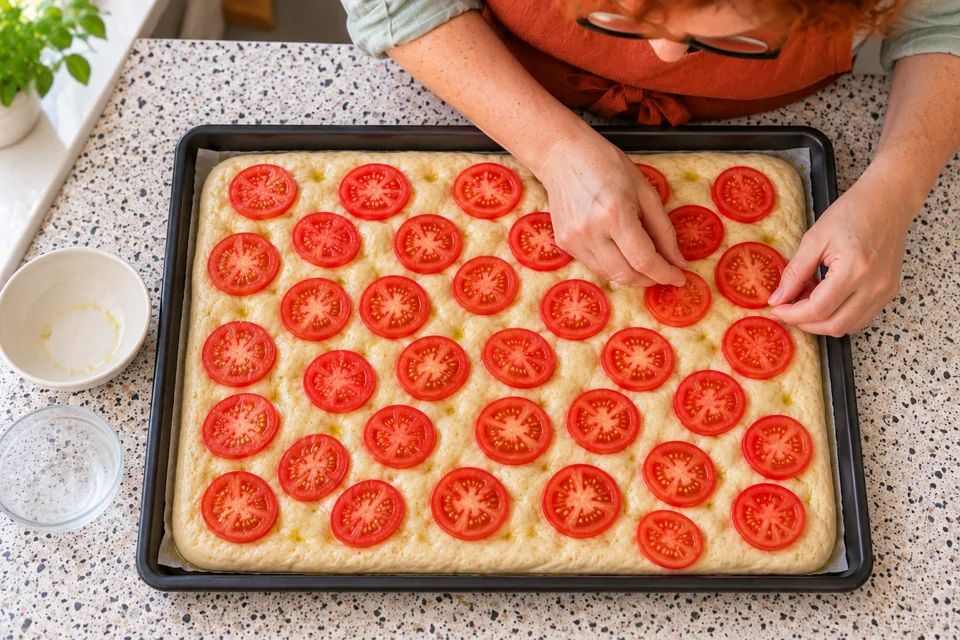 A loose layer of tomato slices covers the dimpled dough with visible gaps.