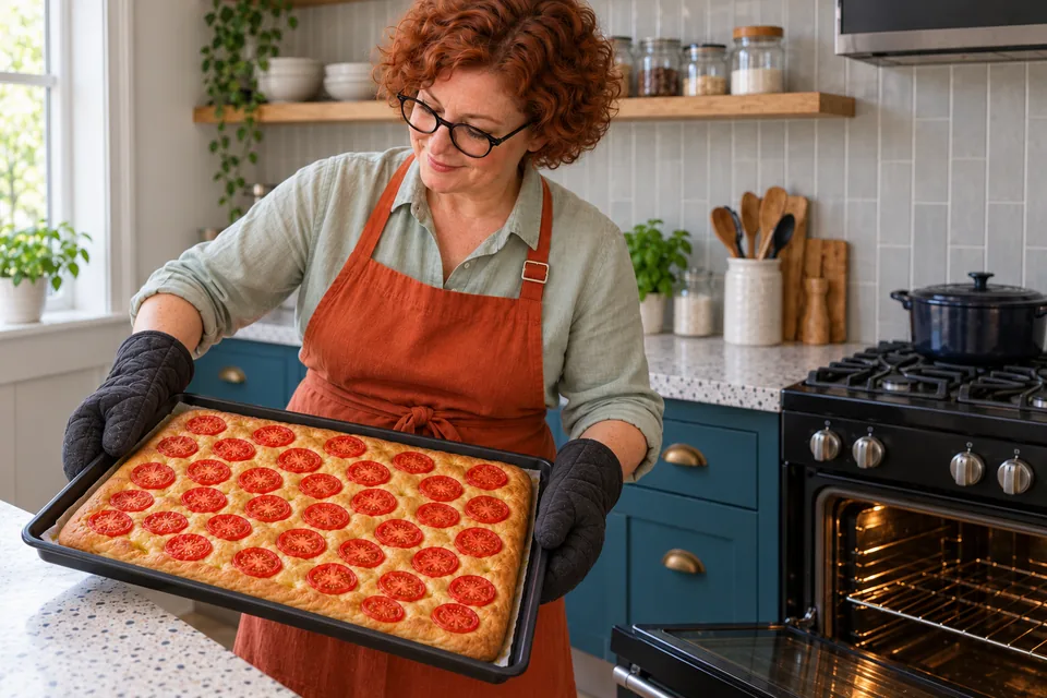 The cook supports one tray of golden tomato focaccia.