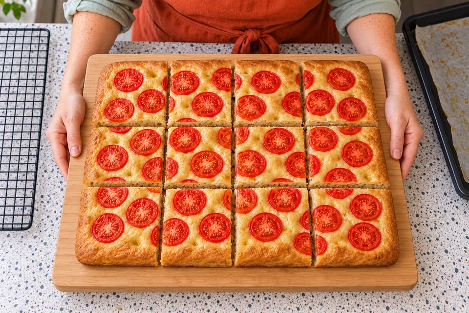 Twelve pieces of tomato focaccia remain arranged as one rectangle.
