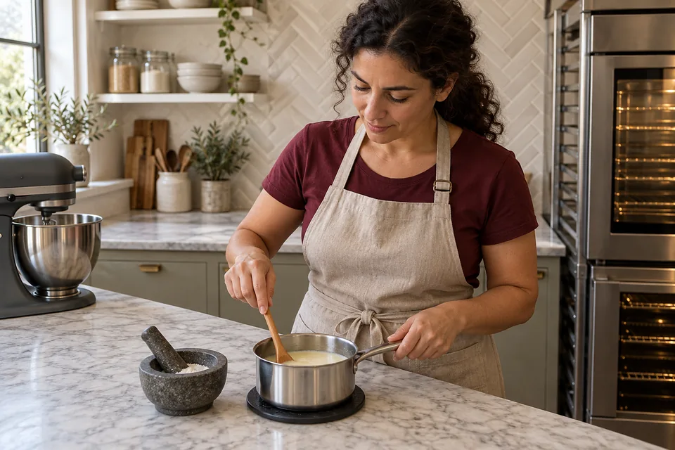 Baker stirs pale sweet butter-and-milk liquid in a saucepan beside finely ground mastic.
