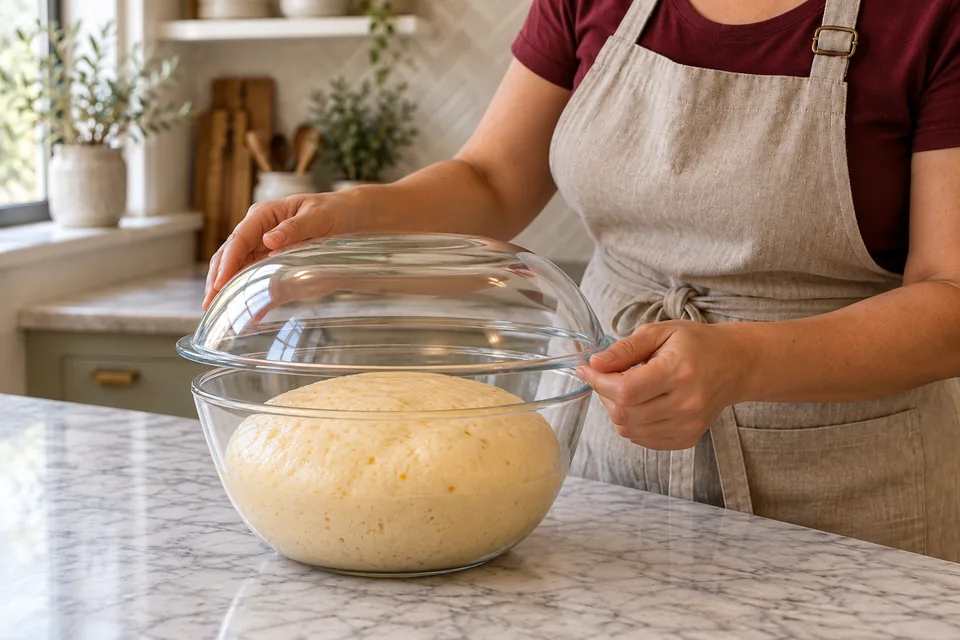 The cook holds a clear domed cover above a bowl of softly expanded pale golden dough with fine bubbles.