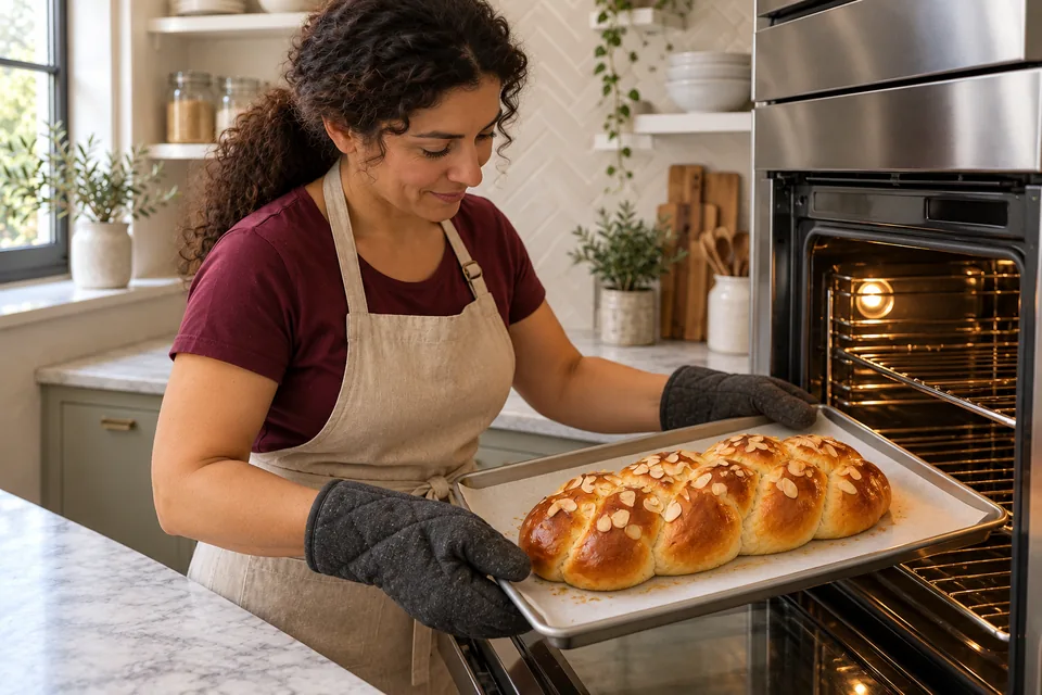 Wearing two dark oven mitts, the cook holds a tray with one glossy golden braid and a light scattering of flaked almonds.