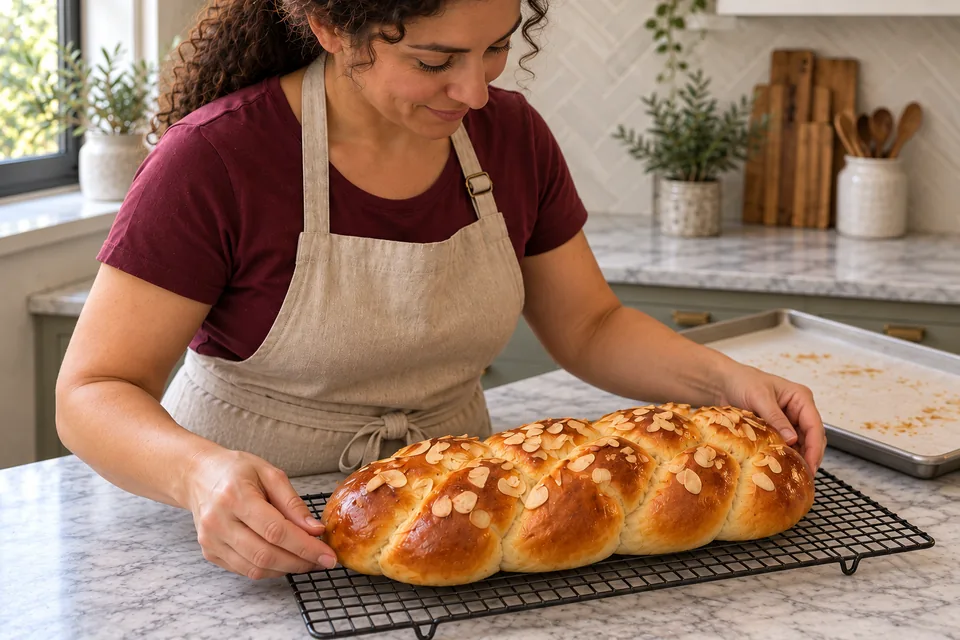 The cook steadies the two ends of the whole golden almond-topped braid on a black cooling rack.