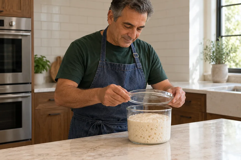 Baker lifts a clear lid above a small glass container of pale bubbly preferment.