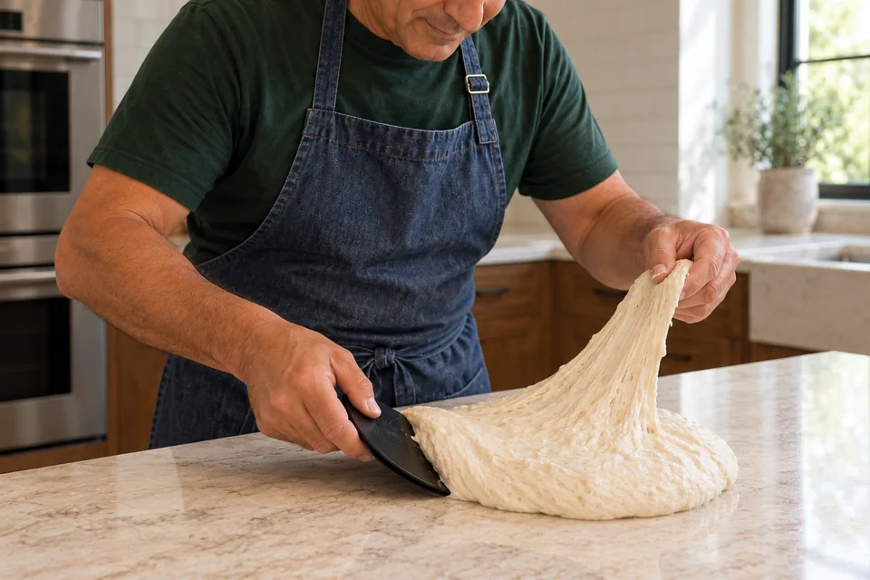 Baker lifts a soft sheet of sticky pale dough while supporting its base with a black scraper.