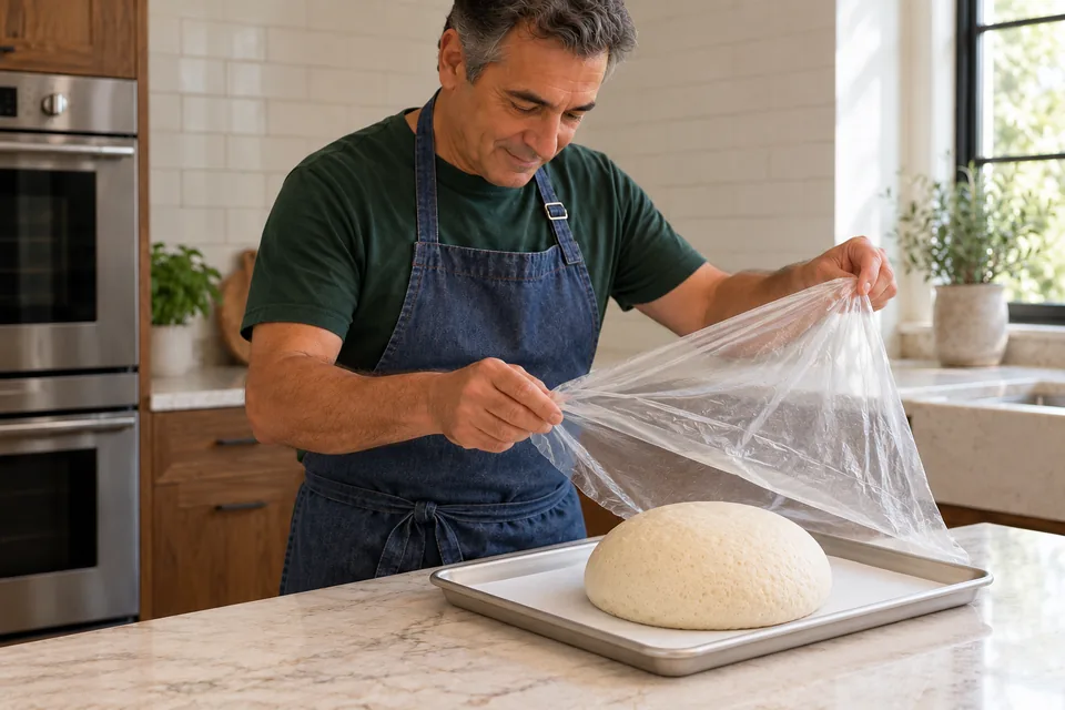 Baker lifts a loose transparent cover above one puffy pale round loaf on a lined tray.