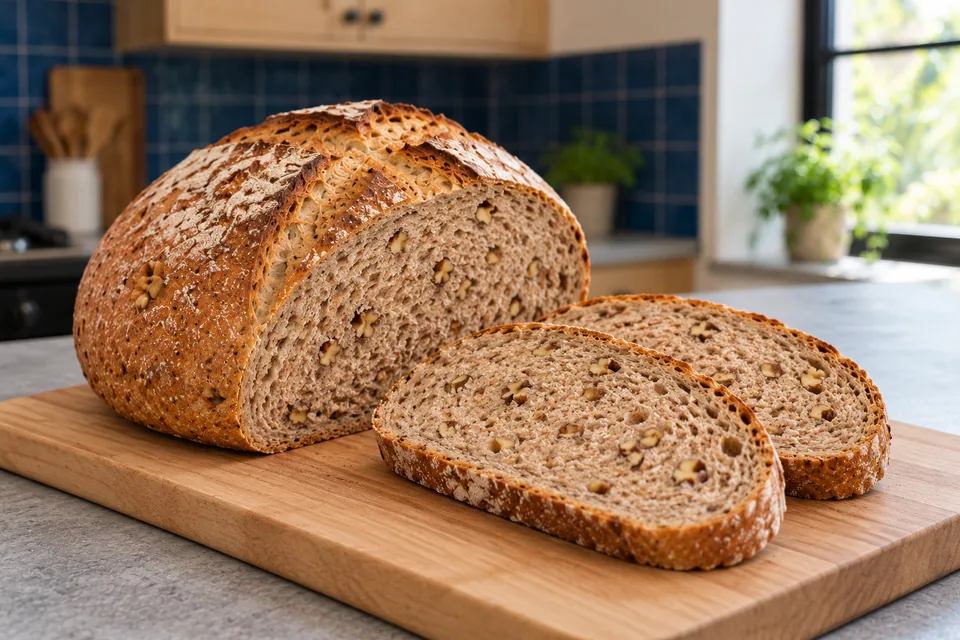Two slices beside a shortened round wholemeal loaf reveal walnut pieces throughout the crumb.