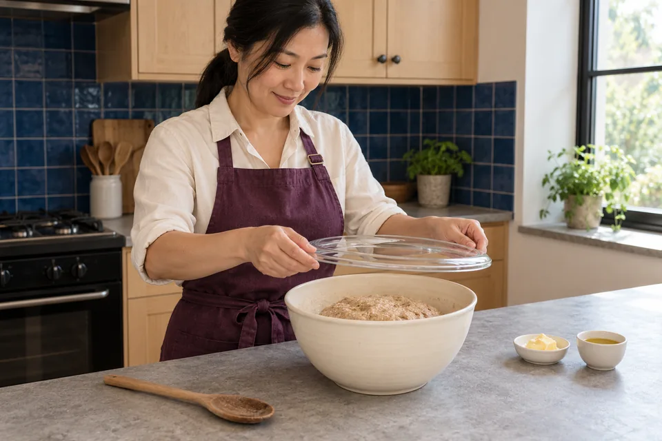 The cook covers a bowl of rough wholemeal dough.