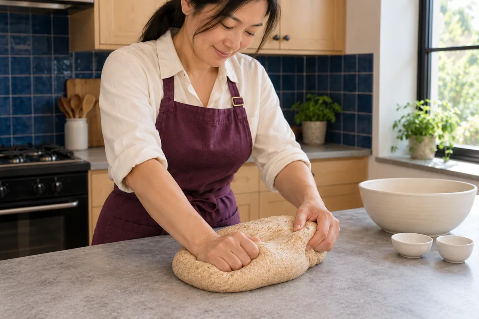 Two hands knead smooth wholemeal dough before the walnut pieces are added.