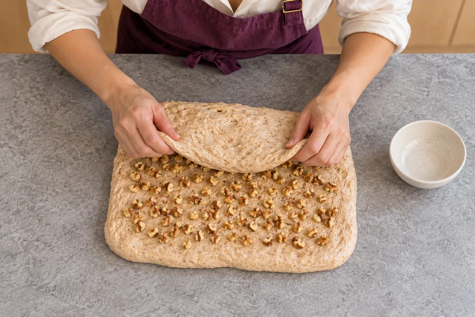 The cook folds a thick rectangle of dough around small walnut pieces.