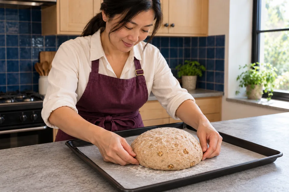 One lightly floured round walnut loaf sits on a lined baking tray.