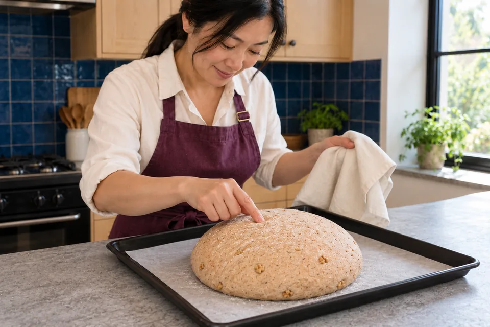 The cook lightly touches the risen round walnut loaf beside a lifted cloth.
