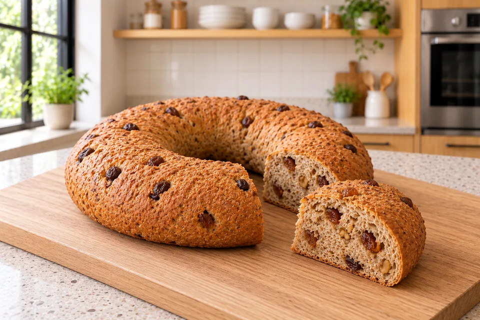 One brown bread ring with a serving wedge revealing walnut and sultana crumb.