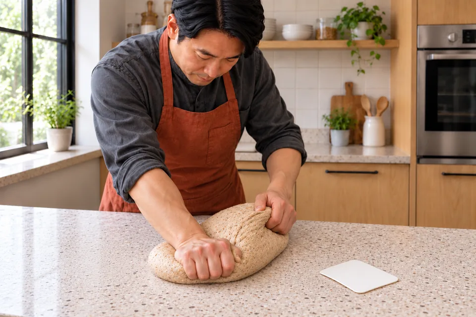 Hands gently knead smooth tan wholemeal dough on the worktop.