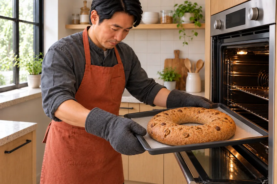 Cook supports one baked bread ring on a tray using two oven gloves.