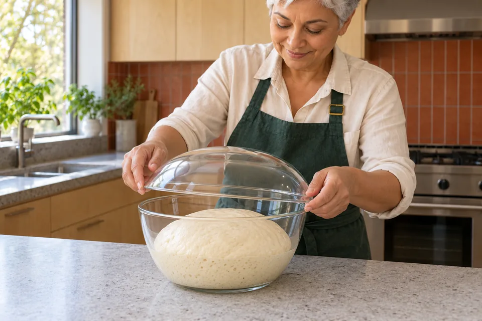 The cook lowers a clear cover over a smoothly expanded pale dough in a glass bowl.