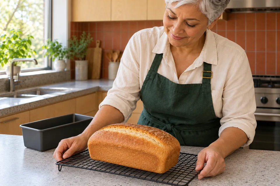 One whole golden tin loaf rests on a black wire rack while the cook steadies the rack corners.