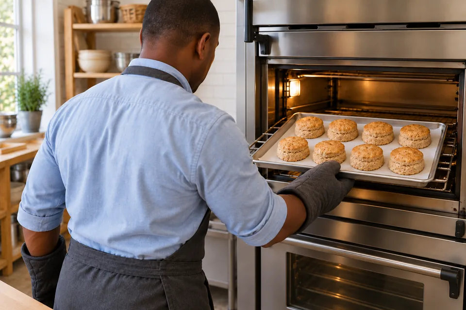 Baker wearing oven mitts draws out a tray of eight browned wholemeal scones.