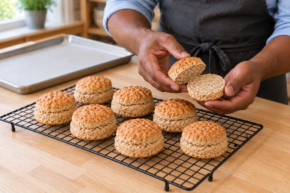 Baker splits one wholemeal scone into two halves beside seven whole scones on a cooling rack.