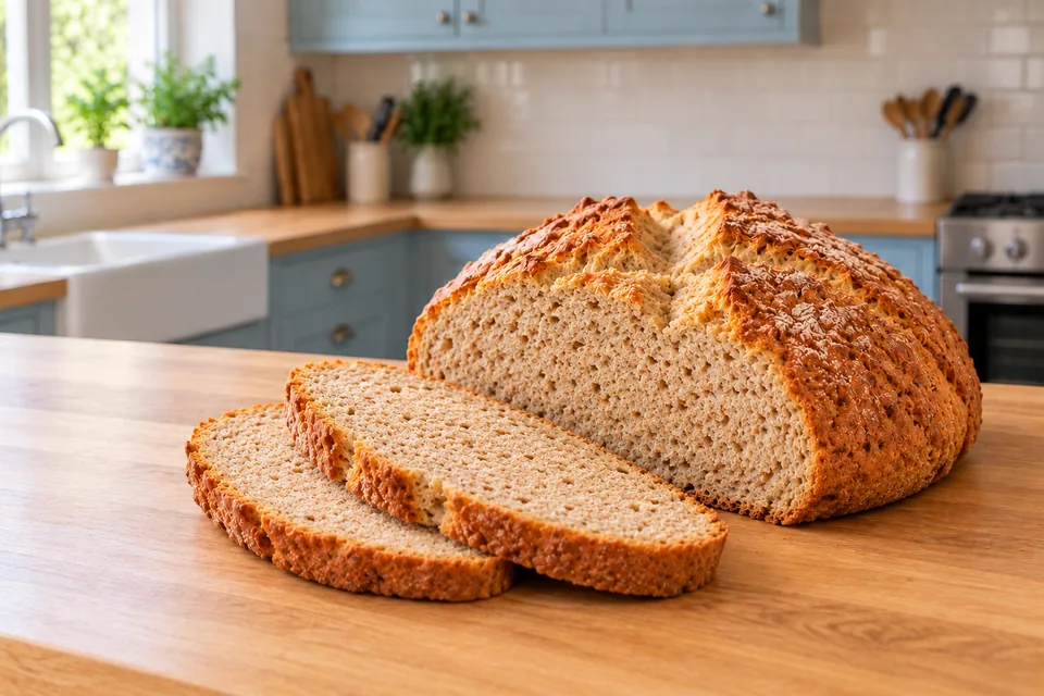 One browned wholemeal soda loaf and two removed slices show a close, even tan crumb with fine bran speckles.