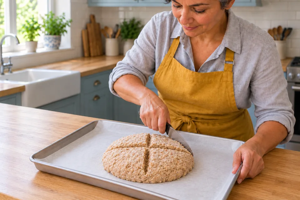 The cook finishes a deep cross in one low, rough wholemeal round, with the knife at its outer edge.