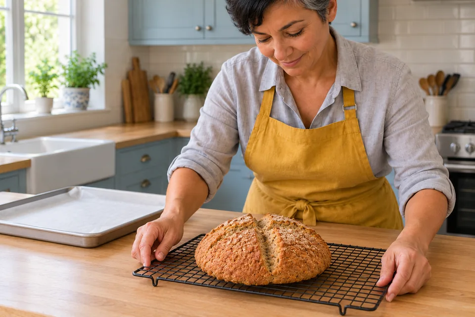 The cook steadies a rack holding the whole browned soda loaf with its opened cross.
